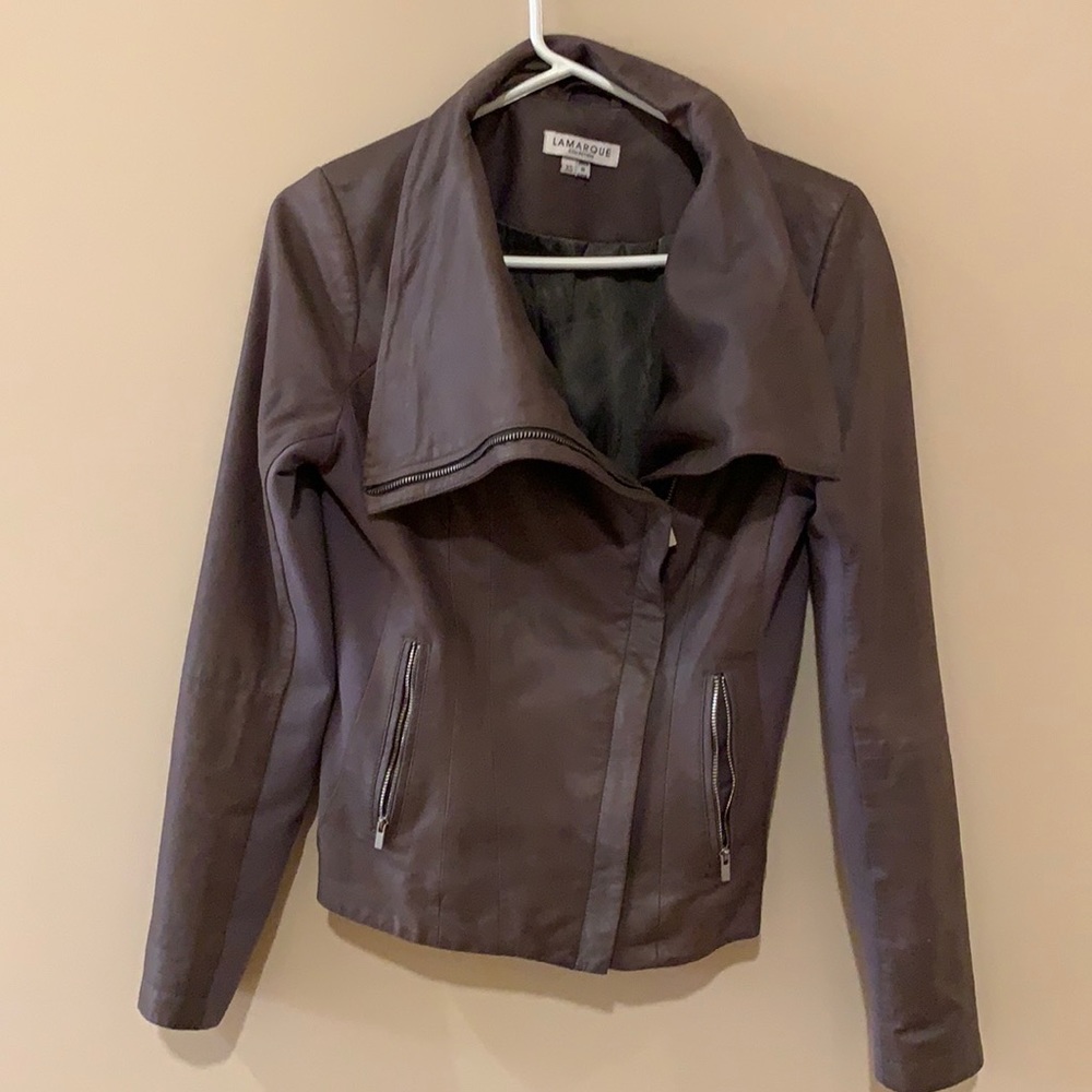 LaMarque grey big collar leather motorcycle jacket